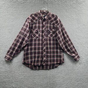 Wrangler Mens Western Shirt‎ Extra Large Red Black Plaid Long Sleeve Pearl Snap
